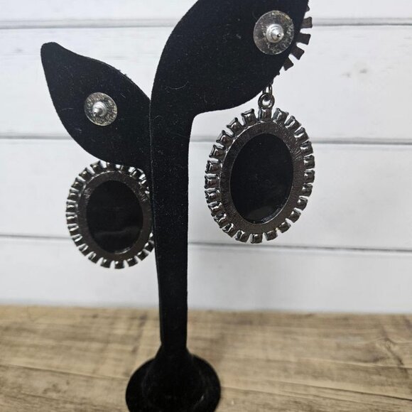 Vintage Black Large Rhinestone Chrystal Fashion Dangle Earrings - Picture 2 of 4